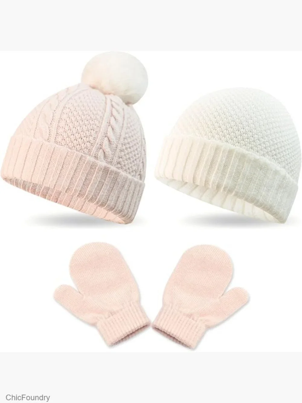 3 Pack Kids Winter Beanie & Mittens Set Soft Knit Hat